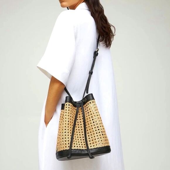 BEMBIEN Handbags - BEMBIEN Black Straw Bucket Bag Drawstring Closure Benna Bucket Bag